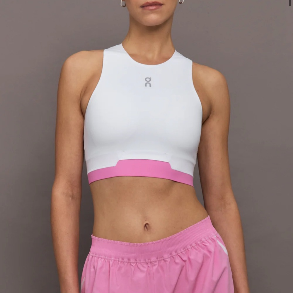 On Running White and Pink High-Neck Sports Bra